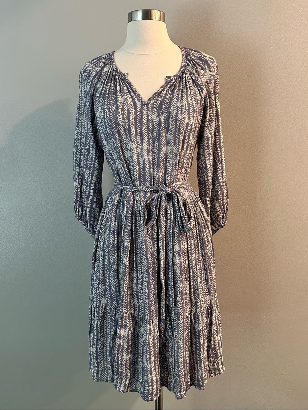 Doe & Rae Navy Patterned Midi Dress with Tie Waist